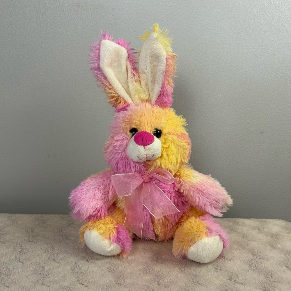 Tom's Toys Bunny Rabbit Plush Stuffed Animal Yellow Pink White Bow Tie Dye